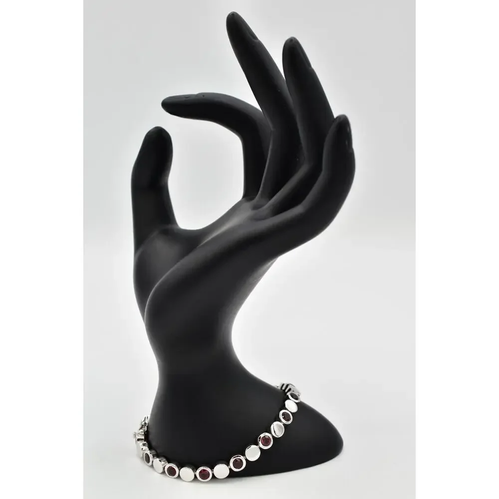 925 Sterling Silver Tennis Chain Bracelet Red Rhinestone Crystal Signed BinO